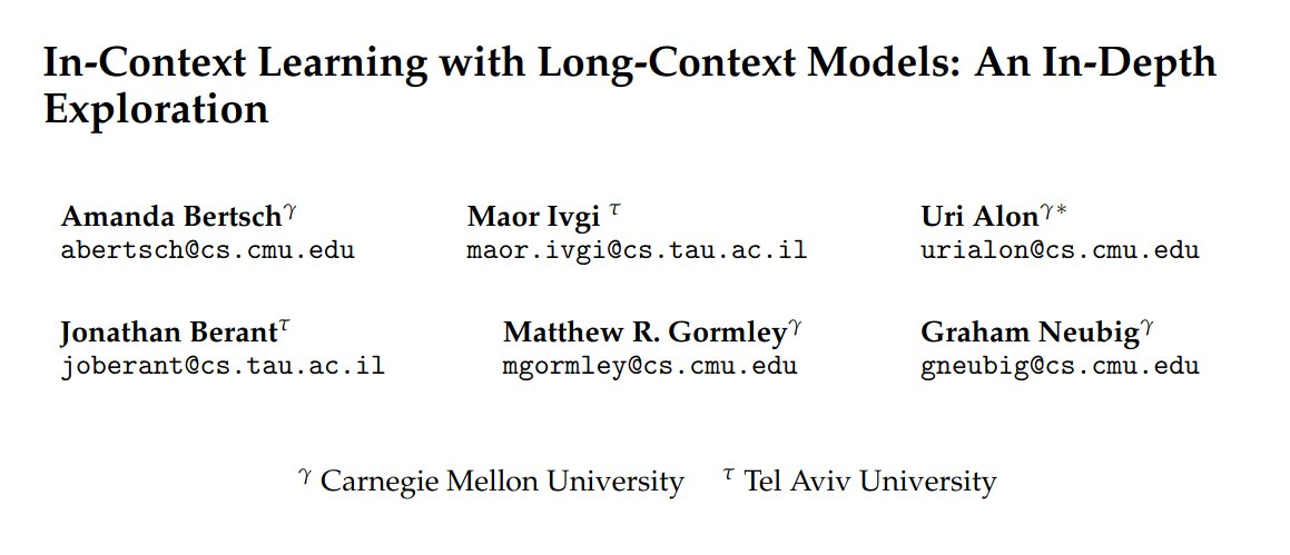 abertsch72's tweet image. In-context learning provides an LLM with a few examples to improve accuracy. But with long-context LLMs, we can now use *thousands* of examples in-context.
We find that this long-context ICL paradigm is surprisingly effective– and differs in behavior from short-context ICL! 🧵