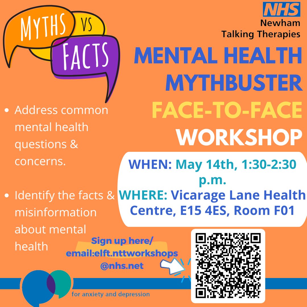 We have an exciting new face-to-face workshop available this month at Vicarage Lane Health Centre E15 4ES:
Mental Health Mythbuster workshop on May 14th 1:30-2:30 p.m.
Sign up for free here: rb.gy/yp1moh
#facetofacefriday #NHS