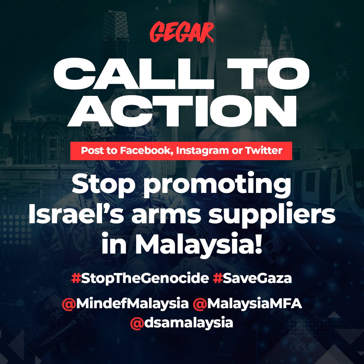 🚨CALL TO ACTION 🚨

STOP THE PROMOTION OF ZIONIST WEAPONS MANUFACTURERS IN MALAYSIA!

1./ MINDEF is inviting zionist weapons manufacturers for the bi-annual Natsec Asia 2024 exhibition.