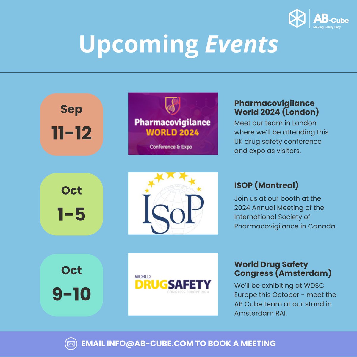 📅SAVE THE DATE - UPCOMING 2024 EVENTS!   Meet the AB Cube team: 🔹Pharmacovigilance World 2024 (London, Sep 11-12) 🔹ISOP (Montreal, Oct 1-5) 🔹World Drug Safety Congress Europe (Amsterdam, Oct 9-10) We look forward to seeing you! #pharmacovigilance #drugsafety