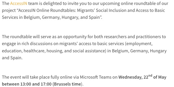 AccessIN_Project (@accessinproject) on Twitter photo 📢Join our <a href="/AccessINProject/">AccessIN_Project</a> Online Roundtables on Migrants’ Social Inclusion and Access to Basic Services in Belgium, Germany, Hungary, and Spain
🗓️22 May 2024, Online via Teams 💻
⏰13:00-17:00 CEST
👀Check out the programme & register: accessin.uliege.be/cms/c_11893346… 📢Join our <a href="/AccessINProject/">AccessIN_Project</a> Online Roundtables on Migrants’ Social Inclusion and Access to Basic Services in Belgium, Germany, Hungary, and Spain
🗓️22 May 2024, Online via Teams 💻
⏰13:00-17:00 CEST
👀Check out the programme & register: accessin.uliege.be/cms/c_11893346…