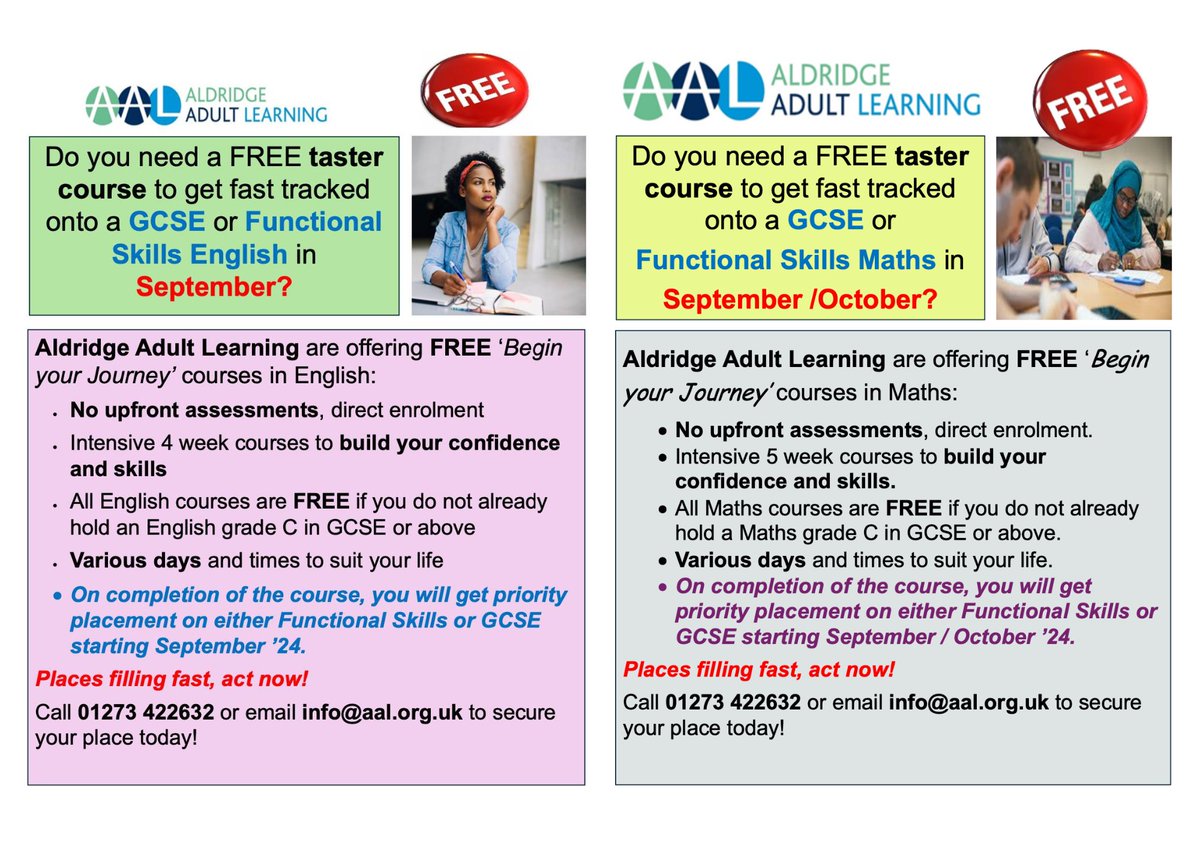 Do you need a FREE taster course to get fast tracked onto a #GCSE or #FunctionalSkills English or Maths in September?

Places filling fast, act now ❗
Call 01273 422632 or email info@aal.org.uk to secure your place today!

#ChangeYourStory #Portslade #Brighton #Hove #English