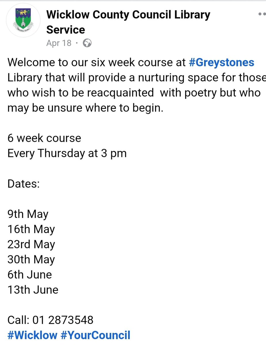 @BealtaineFest My re-introduction to reading poetry course is starting in Greystones on Thursday, if any one knows someone that direction who might be interested.