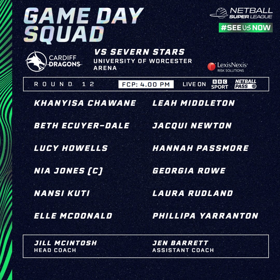 🚨 Team Announcement! 🚨 Here's our powerhouse squad ready to dominate the court against Severn Stars 🐉 Tune in to catch all the electrifying action live on BBC iPlayer as Cardiff Dragons take on Severn Stars in a showdown you won't want to miss 📺