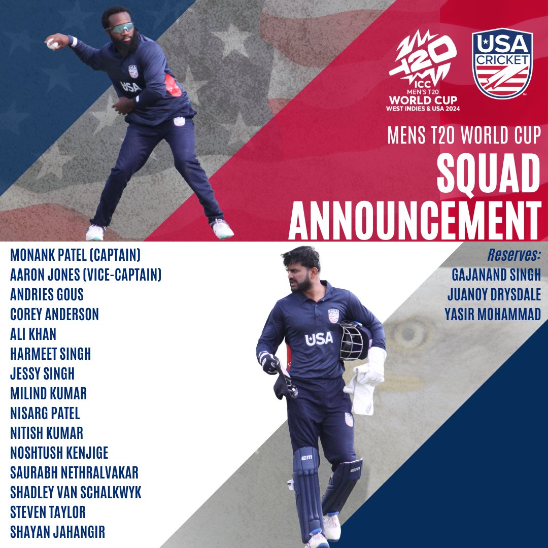 It's almost time to defend our home turf in the @T20WorldCup! Here is our 15-player squad that will be representing the United States in the World Cup beginning on June 1!

#WeAreUSACricket #T20WorldCup #TeamUSA #Cricket