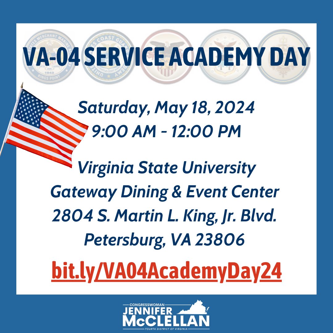 My office is hosting a Service Academy Day for students interested in one of our five military service academies! Representatives from the five academies and ROTC programs from across the Commonwealth will be available to answer any questions. RSVP here: bit.ly/VA04AcademyDay…