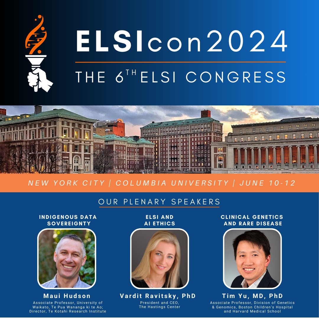 🎉 Registration is now open for The 6th ELSI Congress (#ELSIcon2024)! Join us at Columbia University in NYC from June 10-12, 2024, as we delve into 'Reimagining the Benefits of Genomic Science.' Explore the full #ELSIcon2024 conference schedule here: l.ead.me/ELSIconSchedule