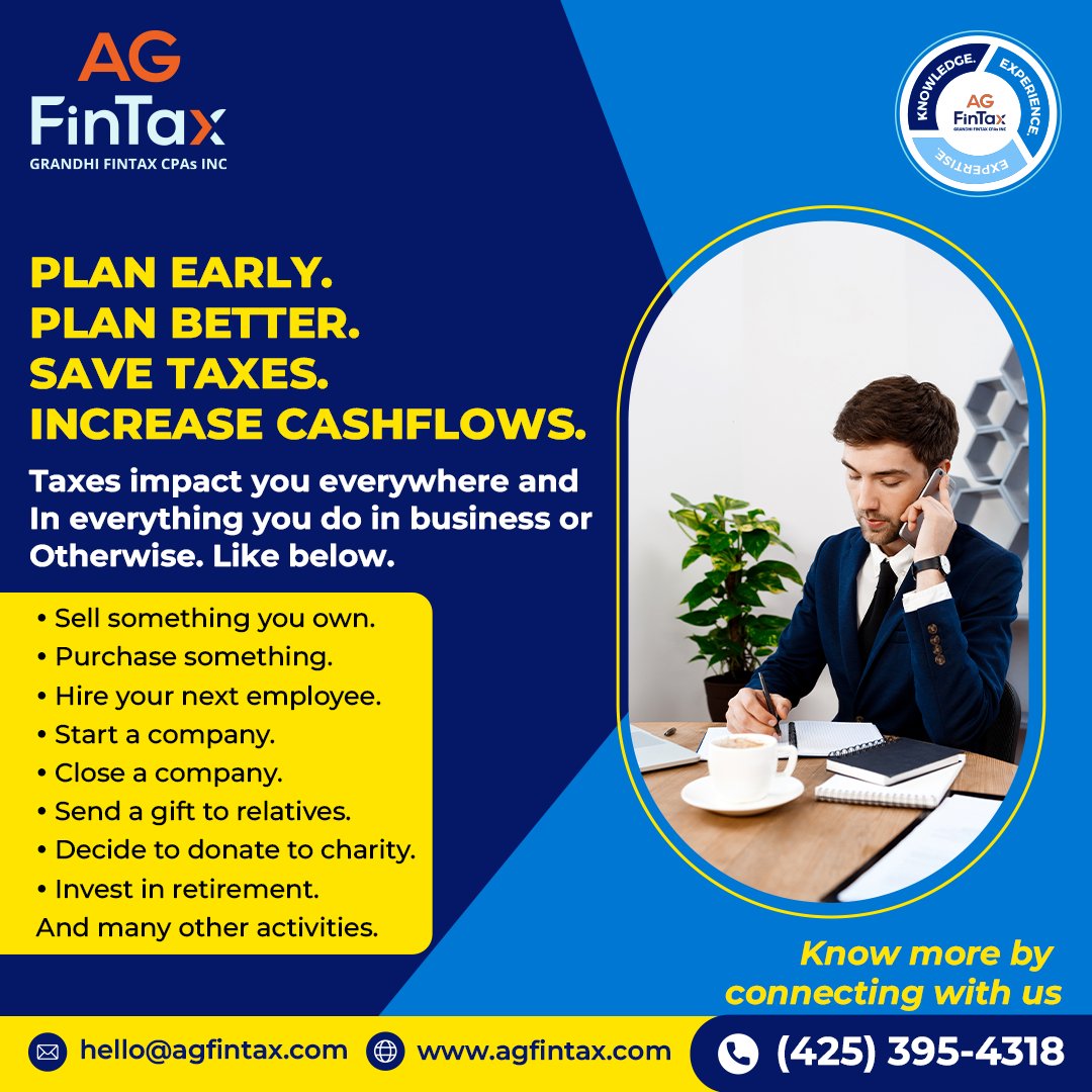 Plan Early. Plan Better. Save Taxes. Increase Cashflows.
Taxes impact you everywhere and everything you do in business or otherwise. Like below.

- Sell something you own.
- Purchase something.
- Hire your next employee.
- Start a company.
And many other activities.

#TaxPlanning