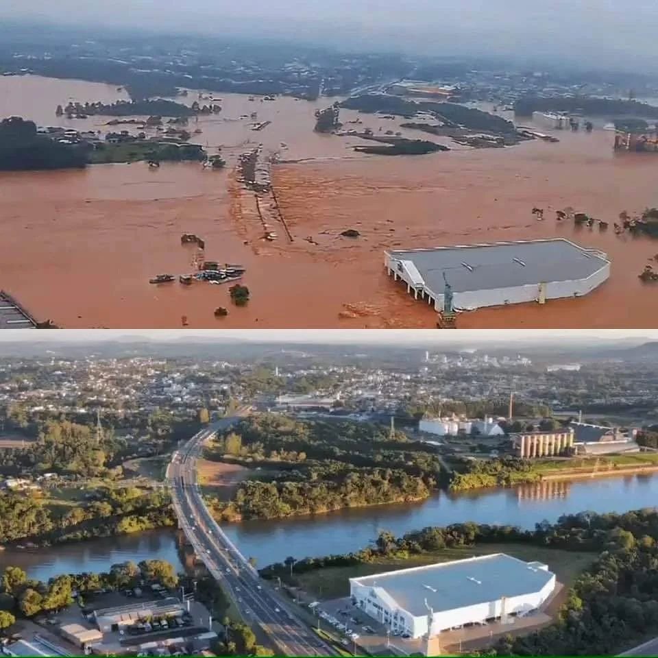 🚨VEJA: Comparação de imagens antes e depois da catástrofe no Rio Grande do Sul. Ajude quem mais precisa: Água, alimentos, produtos de higiene, copos plásticos, colchões, lençóis, fronhas e rações para cães e gatos. Pontos de coleta em Porto Alegre - RS: 1 – Av. Cristóvão…