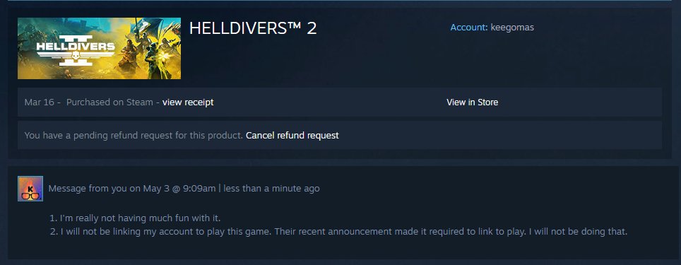 Keegabyte's tweet photo. Really glad I had less than 2 hours in this game. I saw everything the game had to offer in my 87 minutes of gameplay anyway. I was holding onto it in hopes of coming back later to more interesting content but I will NOT be linking a Sony account. #HelldiversRefunded https://t.co/B5fypaYcfy