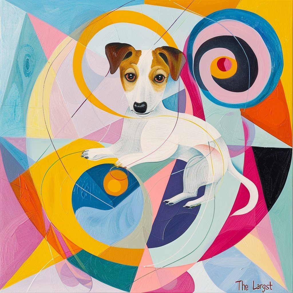 A playful #JackRussellTerrier weaves through the vibrant shapes and colors of Hilma af Klint's abstract masterpiece, symbolizing the energy of adulthood. #JackRussell #HilmaAfKlint