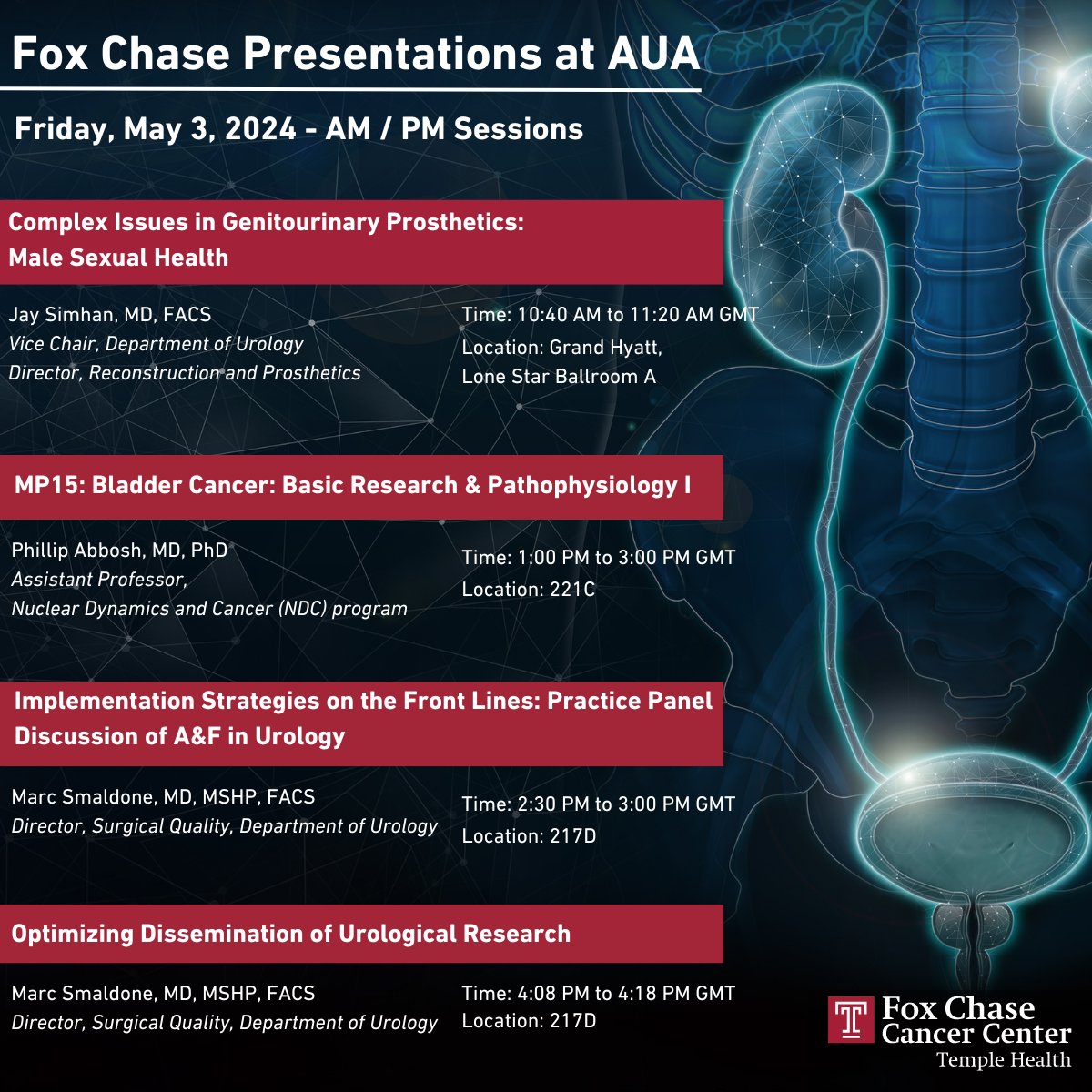 Fox Chase presentations at #AUA24 happening later this morning and afternoon! Hear from Jay Simhan, MD, FACS, (@JSimhan), Phillip Abbosh, MD, PhD, (@scientistatlrge) and Marc Smaldone, MSHP, FACS. ⬇️