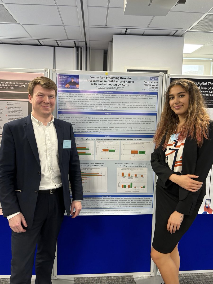 So happy to see my team at the National Centre for Gaming Disorders ⁦@CNWLNHS⁩ present a poster on our work on ADHD/ASD and gaming disorders at this year's ⁦@rcpsych⁩ Addictions Faculty conference ⁦@rcpsychAddFac⁩ Well done Zoe and Stephen !!