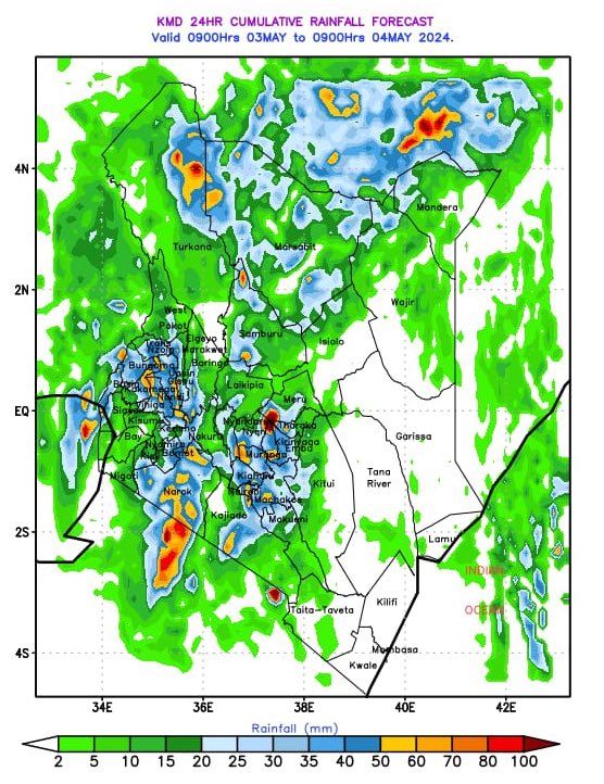 🌧️ Rainfall expected across several parts of the country. Heavy rainfall forecasted on Friday, May 3rd in some parts of Central Highlands, Nairobi, Western, Rift Valley, Lake Victoria Basin, Northwest &amp; Northeastern Kenya.