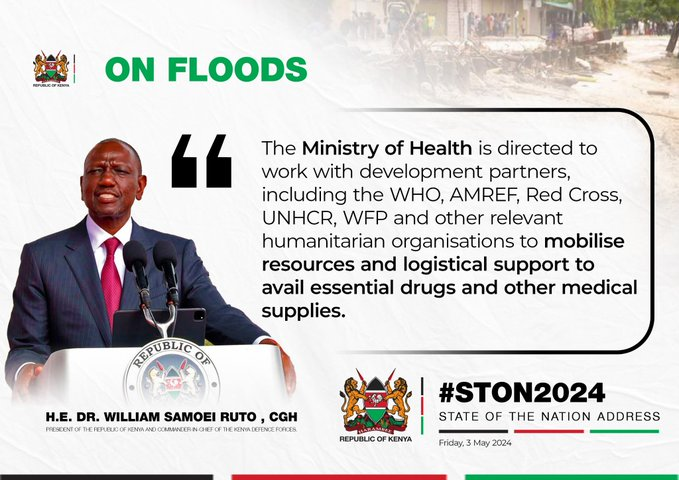 #StateOfTheNationAddress: In order to obtain necessary medications and other medical supplies, the Ministry of Health has been instructed to collaborate with development partners such as the WHO, AMREF, Red Cross, UNHCR, WFP, and other pertinent humanitarian organizations.