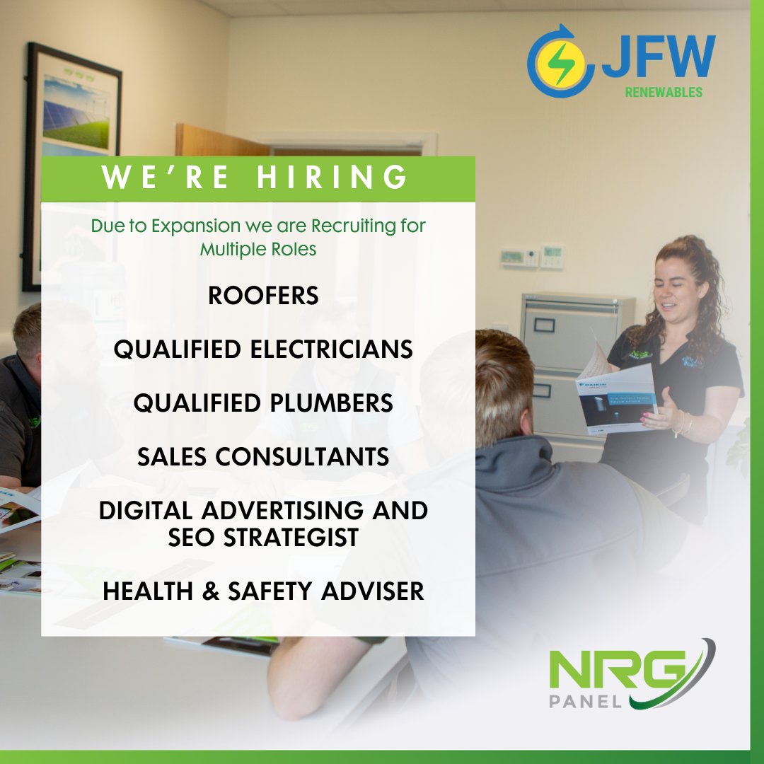 🌟WE'RE HIRING 🌟 

With the recent acquisition of @JFW_Renewables, we have openings across the board and are on the lookout for applicants nationwide. 
If you think you have what it takes to join our dynamic team, send your CV to hr@nrgpanel.ie today. 

#HiringNow #JoinOurTeam