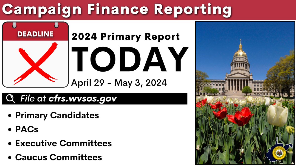 Today is the deadline for all primary election candidates, PACs and other political committees to file their 2024 Primary Report. This report is specific to the primary election and does not apply to former candidates with open accounts. File now at cfrs.wvsos.gov