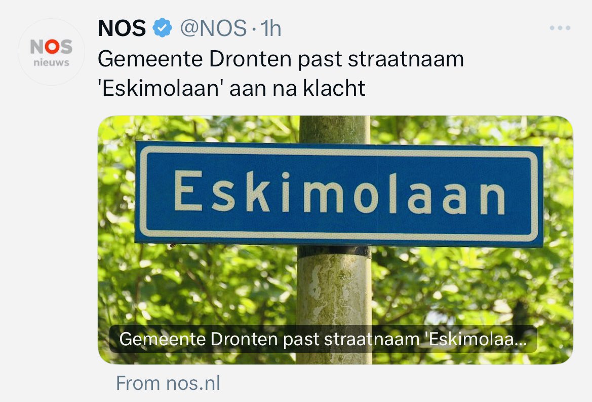 “De gemeente besloot de straatnaam aan te passen na een klacht van een bewoner die aangaf dat de naam als racistisch kan worden ervaren.”

Gelukkig kunnen alle Eskimo’s die regelmatig de gemeente Dronten bezoeken er nu weer met een gerust hart langslopen! 🤡🌎