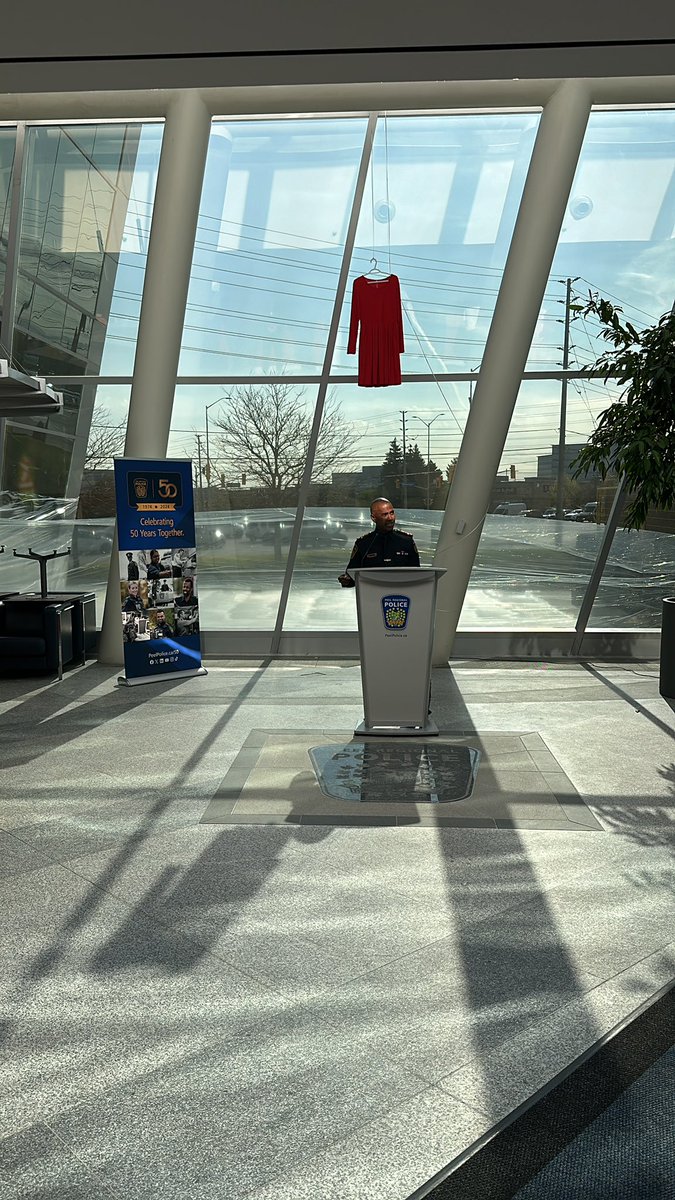 …and today, <a href="/ChiefNish/">Chief Nishan Duraiappah</a> and the <a href="/PeelPolice/">Peel Regional Police</a> commemorated Indigenous women, children, two spirited and gender diverse people whose lives have been tragically lost. By displaying a red dress prominently at HQ we remember and honour those lives lost. #RedDressDay.