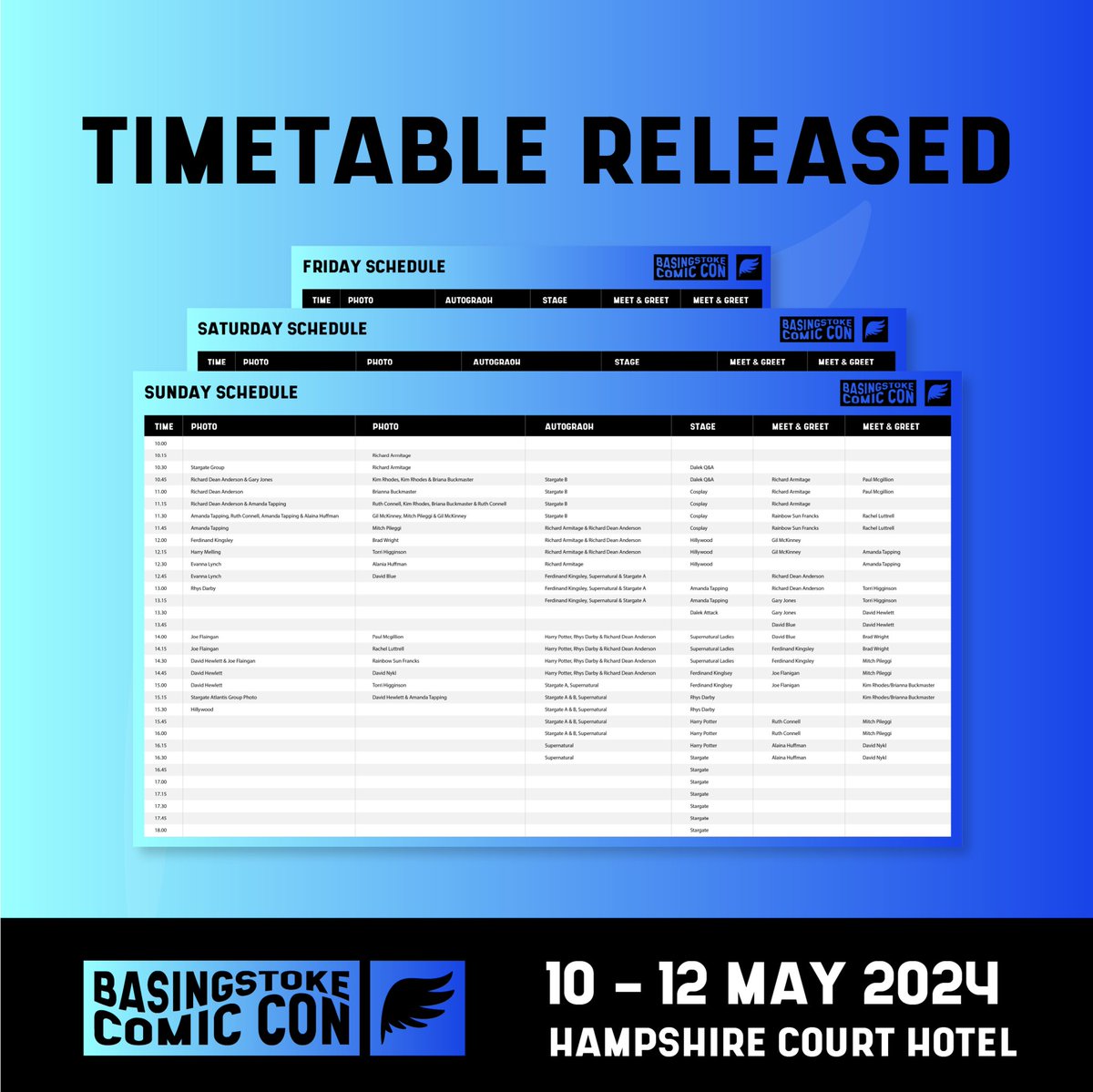 Our full three-day schedule is live and ready to download 🙌🏼

View or download the timetable here: bit.ly/3JIKuES 

#BCC #comicconuk #comiccon2024 #schedule