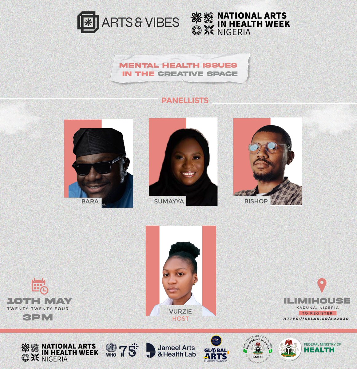 Meet the speakers for our upcoming event in collaboration with the National Arts in Health Week (@NahweekNg) where we'll be talking about 'Mental Health Issues in the Creative Space.'

Save the date. Attendance is absolutely free. Register via this link: selar.co/502o30