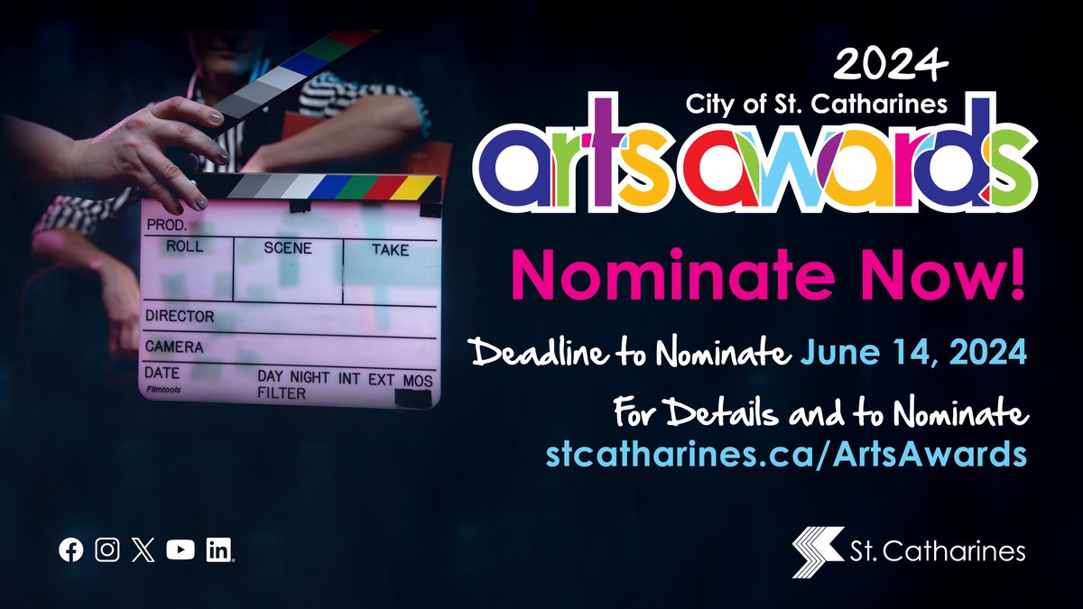 🖼 Nominate a St. Catharines artist or arts champion now! 🎬 The City seeks 2024 City Arts Awards nominations for these awards: Arts in Education, Emerging Artist, Established Artist, Making a Difference and Patron of the Arts. ⏰ Deadline is June 14. ℹ️ stcatharines.ca/ArtsAwards