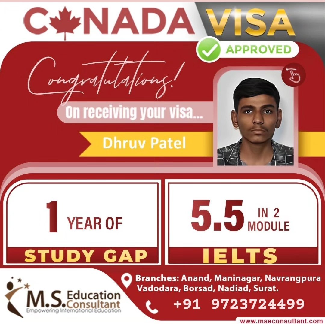 Congrats!🌟 Dhruv Patel for Canada 🇨🇦 Student Visa 💐

🔸Canada Student Visa in 1st attempt
🔸5.5 in 2 module
🔸1 Year of study gap
 
#MSEducationConsultant #StudentVisa #StudyAbroad #IELTS #toefl #pte #Immigration #StudyInCanada #StudyInUSA #bestvisaconsultant #bestieltscoaching