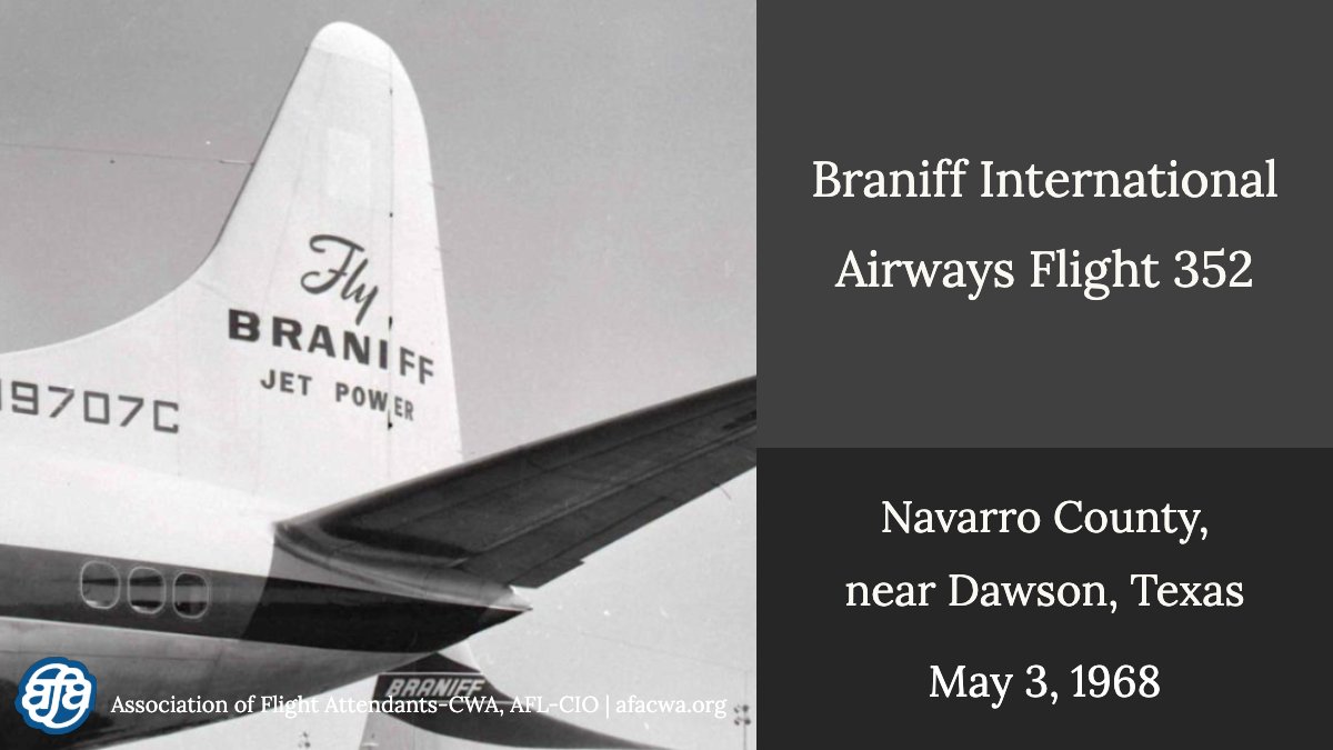 On this day in 1968, Braniff International Airways Flight 352, a HOU to DAL flight, broke up in midair and crashed near Dawson, TX, after flying into a severe thunderstorm. 85 people were killed including 2 Flight Attendants & 3 pilots. We pause to remember those lives lost.