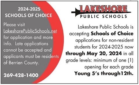 Schools of Choice Applications are available through May 20, 2024. lakeshorepublicschools.net/article/158154…