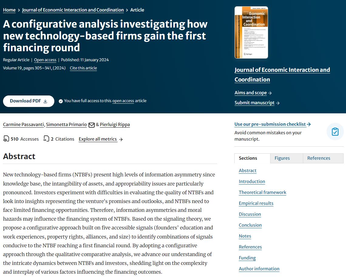 🚨J of Economic Interaction and Coordination🚨 Check out this #OpenAccess article: A configurative analysis investigating how new technology-based firms gain the first financing round by Carmine Passavanti, Simonetta Primario & Pierluigi Rippa doi.org/10.1007/s11403…