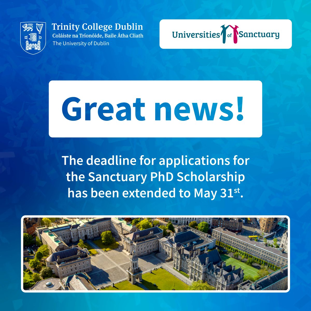 Great news! The application deadline of @tcddublin’s PhD scholarship (Trinity Research Doctorate Award) for a student of sanctuary has been extended to May 31st. More info here: tcd.ie/study/postgrad…