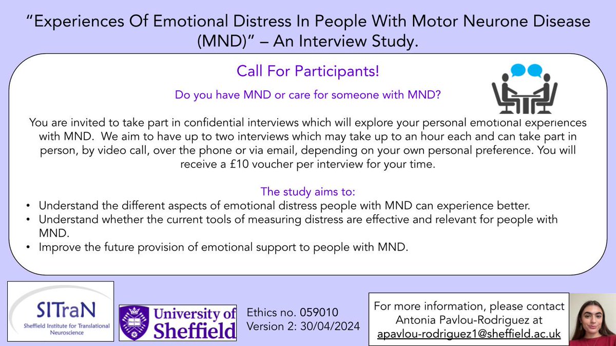 Do you or someone you know have MND and live in the UK? Please help us take part in our research to improve the way we support people experiencing emotional distress. @ejmayberry @profcjmcdermott @Char_Massey @PaulWicks @SYMNDA @neuroshef @SheffieldBRC