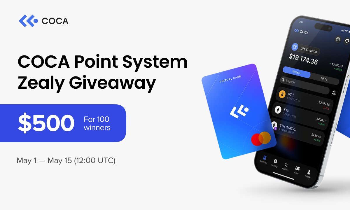 💥$500 #giveaway on Zealy to celebrate the launch of the COCA Point System!

🎁 $500 worth USDT
🏆 100 winners
📅 Dates: 01 April - 15 May

✅Like, RT & Tag 3 Friends
✅Complete tasks and win: zealy.io/cw/wirexappoff…

#gleam #airdrop #CryptoNews #web3 #TaskOn #Zealy #Galxe #COCA