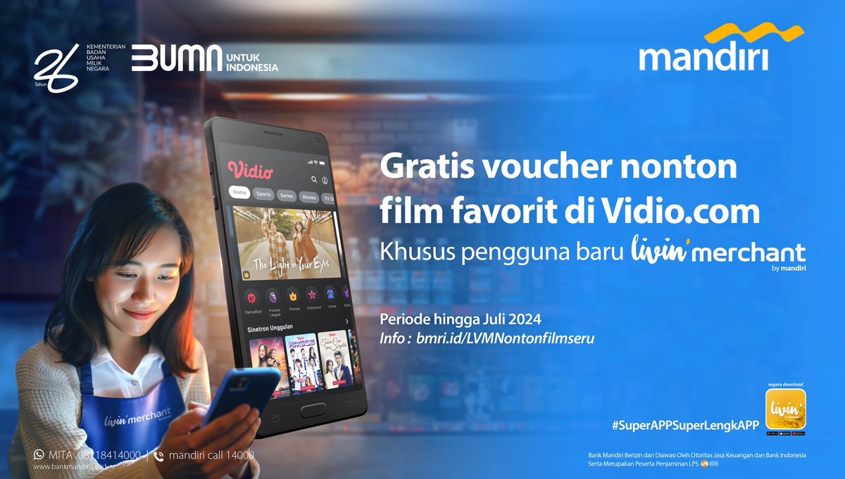 Ada kesempatan akses gratis Vidio.com nih, spesial buat kamu yang baru mau daftar Livin' Merchant. Habis capek jualan, kamu bisa refreshing dengan nonton berbagai film seru di Vidio.com! Yuk, cek info lengkapnya di bmri.id/LVMNontonFilmS……