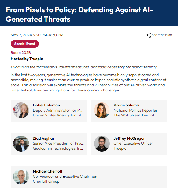 Alongside our partner @Truepic and speakers, @jeffreymcgregor, @ColemanUSAID, @vmsalama, and @ChertoffGroup’s Michael Chertoff, we are joining a conversation on the threats and vulnerabilities of AI-generated content and solutions to mitigate these challenges.