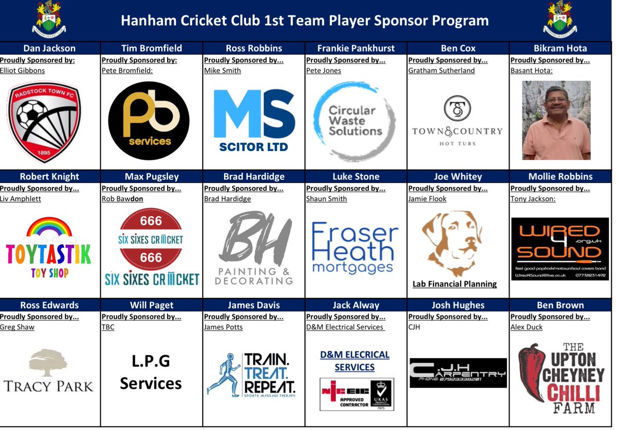 Ahead of our 1st XI season opener against @CoalpitHeathCC tomorrow we are proud to announce our whole first team squad has been sponsored. Thank you for your support and we look forward to seeing you all throughout the season