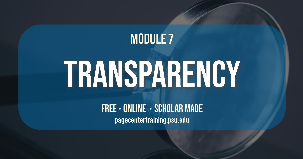 Module #7 overviews transparency as part of the ethical considerations of public relations, and it features a focus on several specific areas of the practice. pagecentertraining.psu.edu