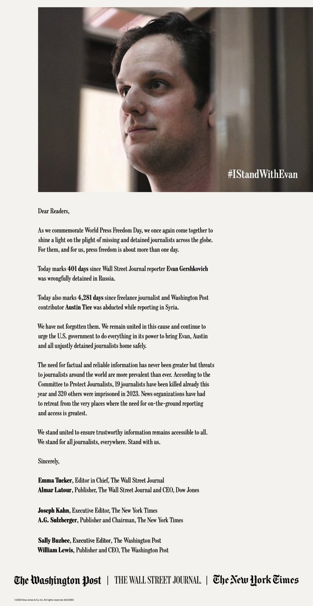 Thank you @WSJ, @washingtonpost and @nytimes for this powerful letter and for coming together on #WorldPressFreedomDay2024 to advocate for something that puts all of us on the same team: It's time to bring Evan Gershkovich and Austin Tice home. #IStandwithEvan #FreeAustin