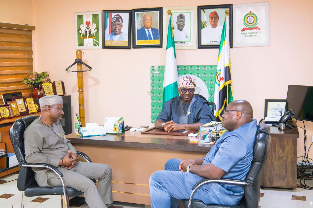 Photo News Minister of State Petroleum Resources (Gas), Rt. Hon. Ekperikpe Ekpo (seated left) today paid a courtesy visit to the State Director, Department of State Services (DSS) for Akwa Ibom State, Mr. Adedoyin Oluwajosin (middle), With him is the Minister's Special Adviser…