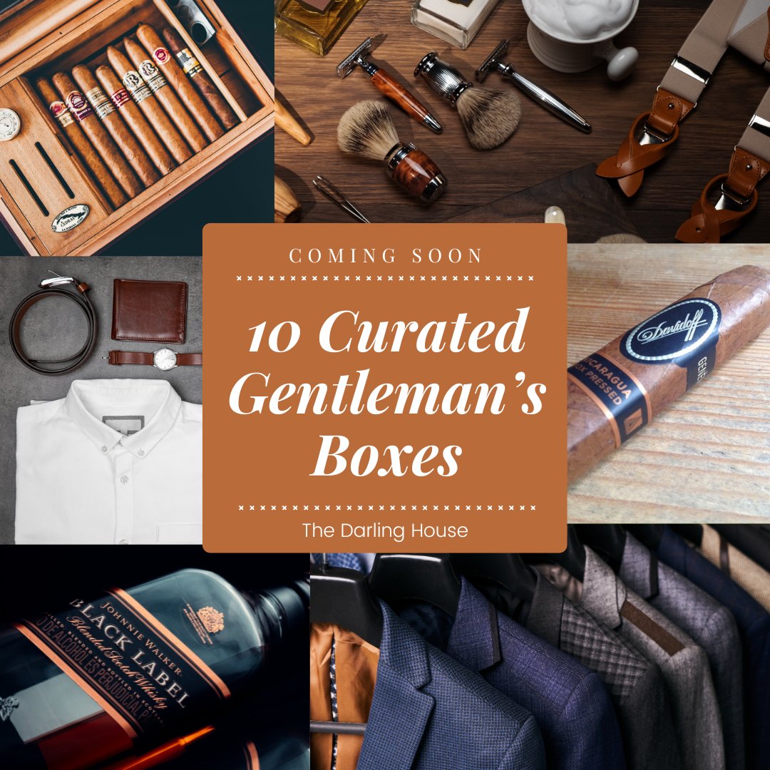 Unlock a world of sophistication with our upcoming Gentleman's Boxes. With 10 unique selections to suit every taste, there's a box for every discerning gentleman. Stay tuned for the launch! #TheDarlingHouse #LuxuryLifestyle #GentlemansBoxes
