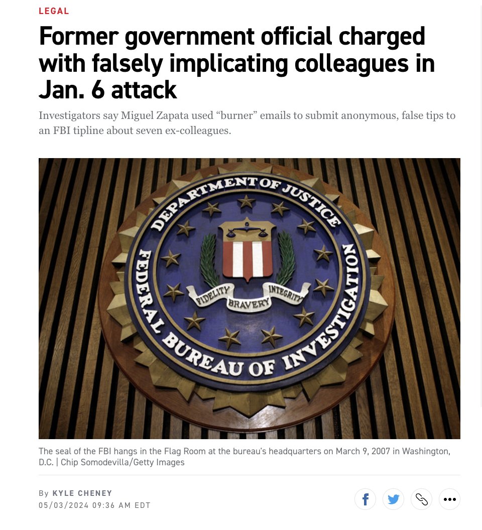 NEWS: A former government employee linked to the intelligence community has been charged for falsely accusing 7 colleagues of participating in the Jan. 6 attack and sharing classified info with insurrectionists. politico.com/news/2024/05/0…