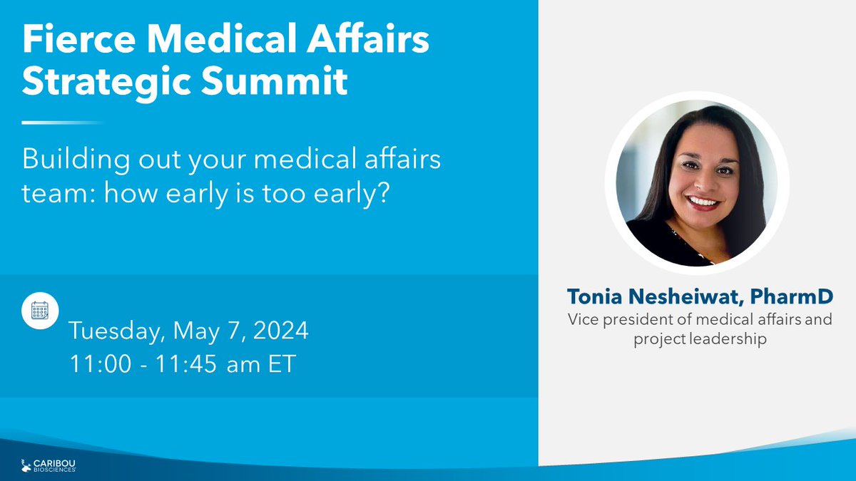 Next week, our VP of medical affairs and project leadership Tonia Nesheiwat, PharmD, will participate in a panel discussion on strategies for building out a #medicalaffairs team during the @FierceBiotech Medical Affairs Strategic Summit. Learn more: bit.ly/3xJWovu #MASS