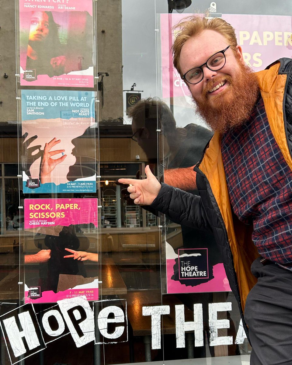 We visited @TheHopeTheatre today! Here's a quick pic of our Writer-Director Sam outside the venue showing off our poster 🩵 Taking a Love Pill at the End of the World, 14th May-1st June, Tuesdays-Saturdays at 7:45pm. Trust me, you don't want to miss this! tinyurl.com/hope-theatre-l…