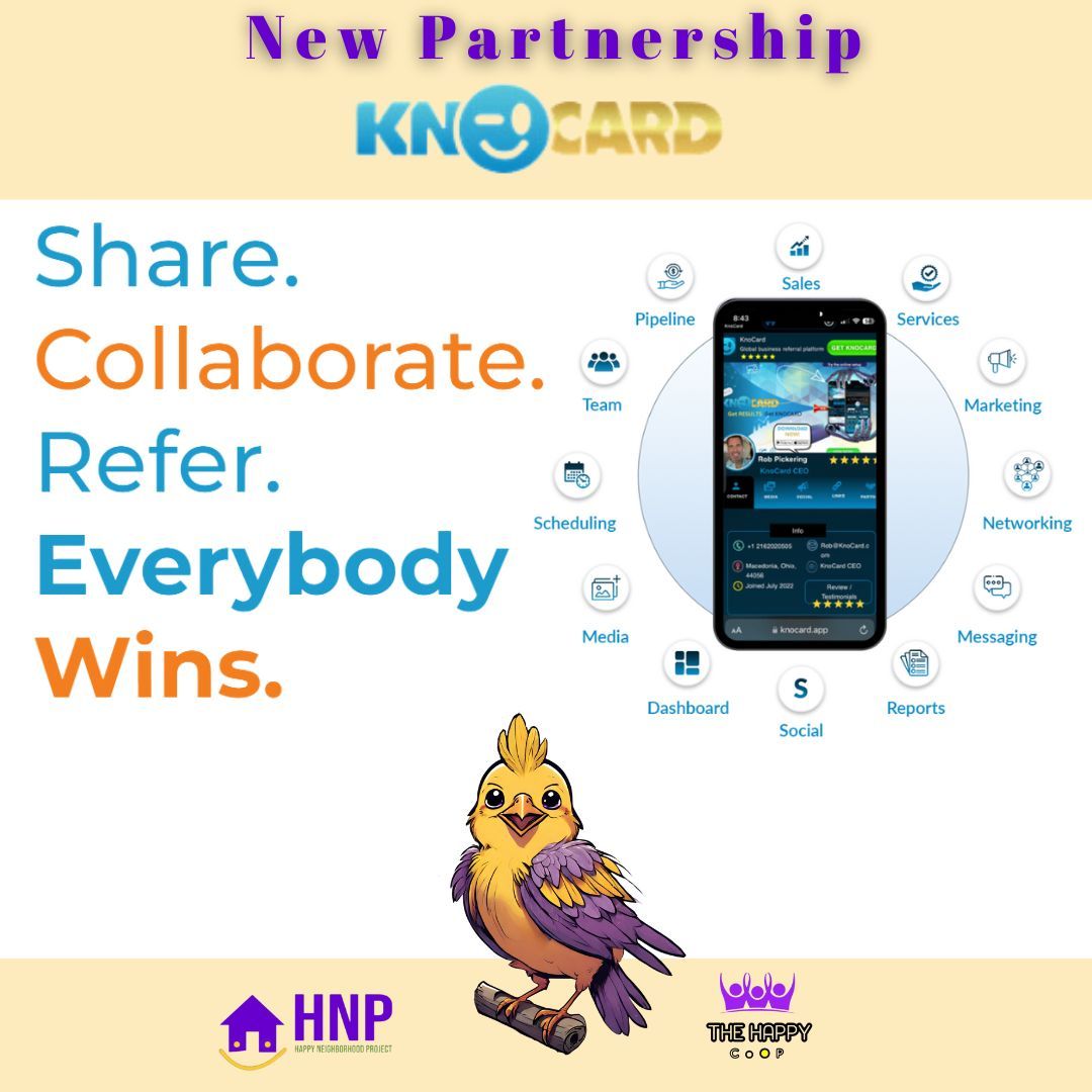 🎉 Big News! 🤝 Happy Neighborhood Project & KnoCard new partnership! 🚀

buff.ly/3TXiPoC 

#HappyNeighborhoodProject #KnoCard #BusinessGrowth #Networking #virtualnetworking