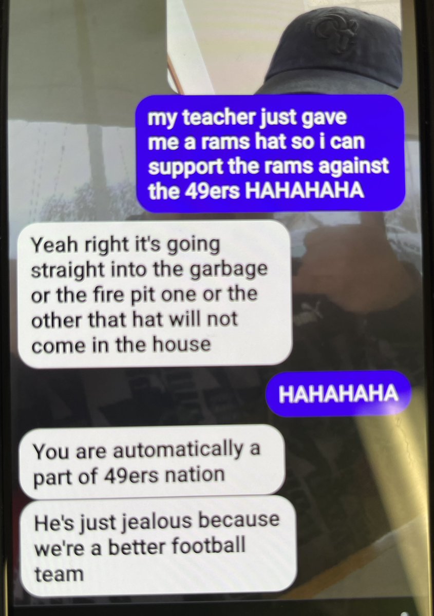 I gave a Rams hat to a student whose dad is a 9er fan. Go Rams!