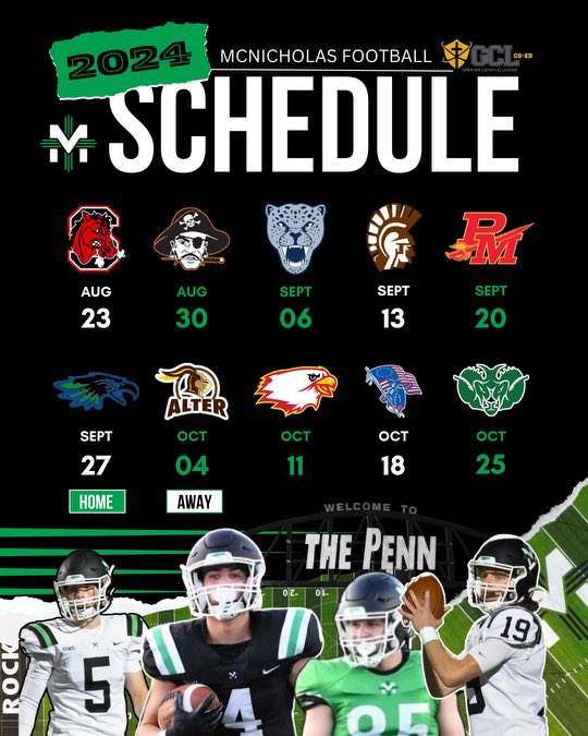 🚨🚨2024 Schedule Release🚨🚨

8/23 Steubenville (OH)
8/30 Wheelersburg (OH)
9/6 KIPP Columbus (OH)
9/13 Roger Bacon 
9/20 Purcell Marian
9/27 Chaminade Julienne
10/4 Kettering Alter 
10/11 Fenwick 
10/18 Dayton Carroll
10/25 Hamilton Badin