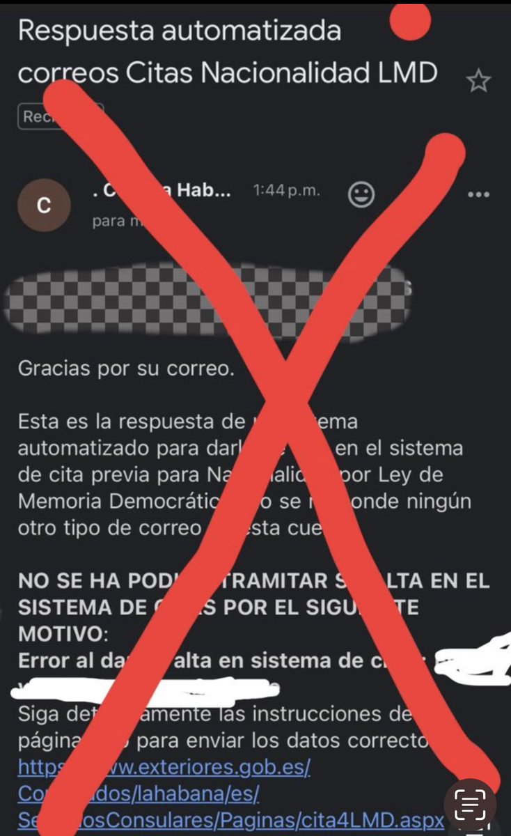 No es mío más NO ES JUSTO,que a 7 meses de pasar medio proceso y tener tu expediente un sistema automático rechace,de todo lo que sucede esto es lo peor y más dañino.Basta de rechazos,con 15 días tienen para hacerlo, esto te coloca al final.<a href="/ConsEspLaHabana/">ConsEspLaHabana</a> <a href="/codeunidos/">Coalición de Descendientes Españoles Unidos</a> <a href="/MAECgob/">Ministerio de Asuntos Exteriores, UE y Cooperación</a>