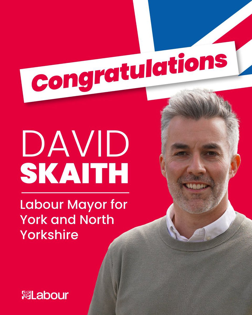 Labour WIN: Congratulations to @DSkaith the new Labour Mayor for York and North Yorkshire🌹
