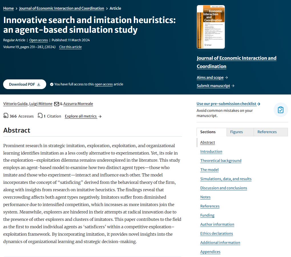 🔓 You have full access to this #OpenAccess article from JEIC: Innovative search and imitation heuristics: an agent-based simulation study by Vittorio Guida, Luigi Mittone & Azzurra Morreale doi.org/10.1007/s11403…