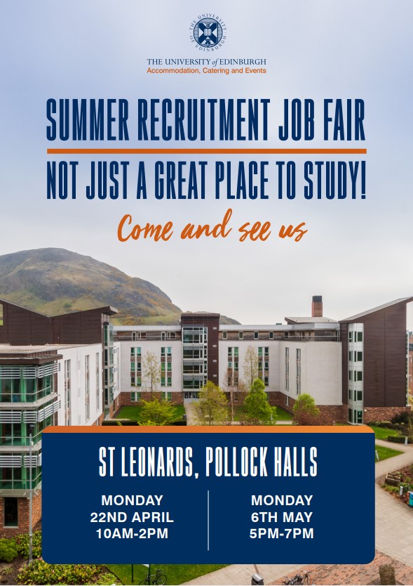 🗣️The @uofedcareers Accommodation, Catering and Events team are hosting their next Job Fair at Pollock Halls! 📅Monday 6th May, 5pm - 7pm ℹ️ There are a wide variety of roles available across events, hospitality and admin 🍽️ Pop along to find out more!